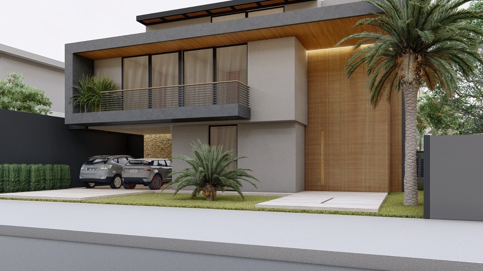 Fachada moderna de residência com arquitetura contemporânea, destaque para detalhes em madeira e elementos de paisagismo tropical, incluindo palmeiras e jardins bem cuidados, promovendo elegância e sofisticação.
