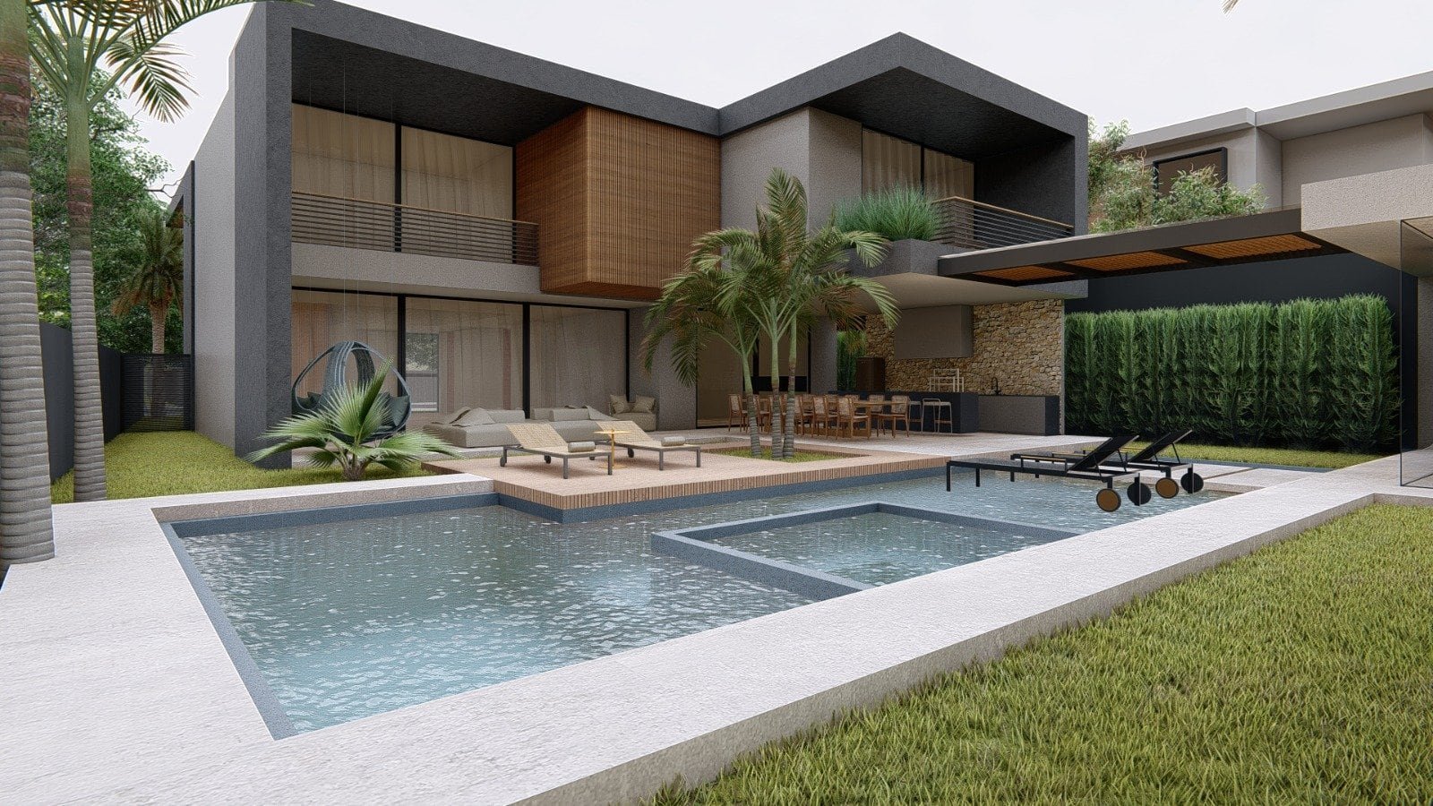 Piscina de design contemporâneo na casa de alto padrão da Gruppo Monaco com jardim bem cuidado e área de lazer ao ar livre.
