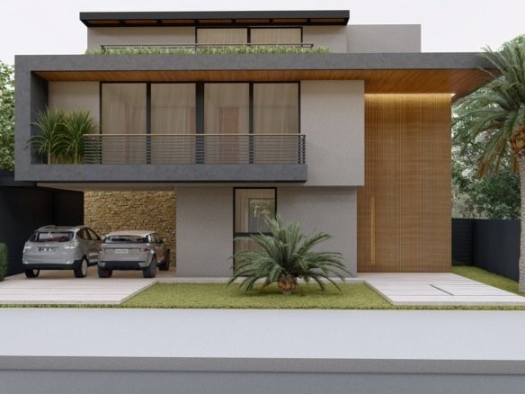 Moderno sobrado com fachada elegante e design contemporâneo, destacado pela fachada em tons neutros, detalhes em madeira e jardim bem cuidado, ideal para quem busca sofisticação e conforto.