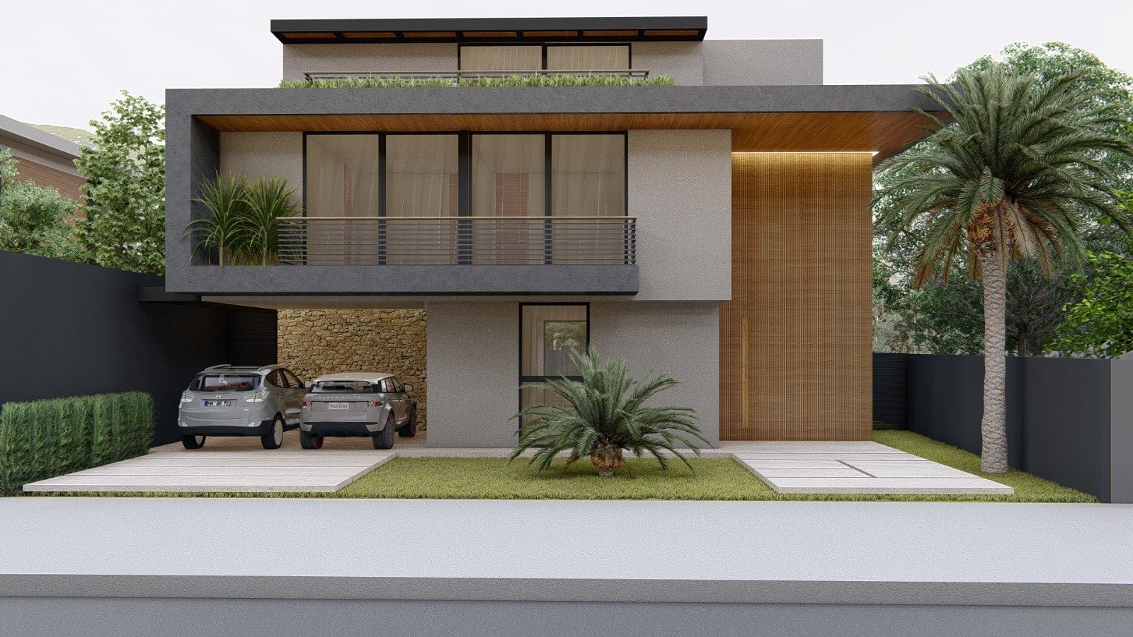 Moderno sobrado com fachada elegante e design contemporâneo, destacado pela fachada em tons neutros, detalhes em madeira e jardim bem cuidado, ideal para quem busca sofisticação e conforto.