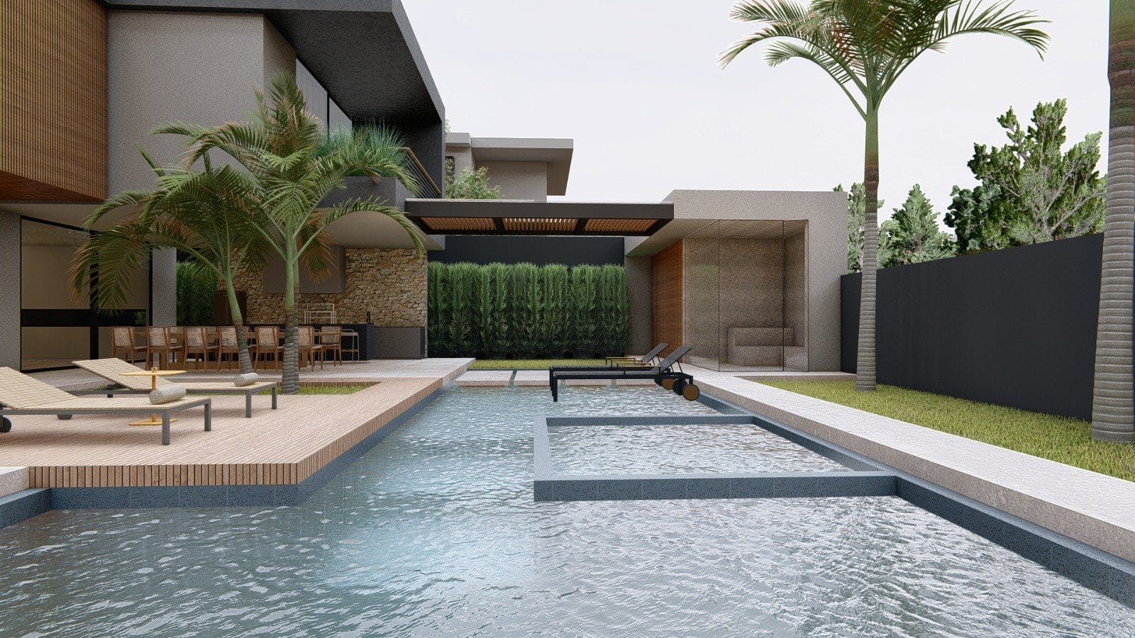Luxuosa área de lazer com piscina moderna, espreguiçadeiras e jardim bem cuidado, projetada para conforto e relaxamento em um condomínio de alto padrão da Gruppo Monaco.