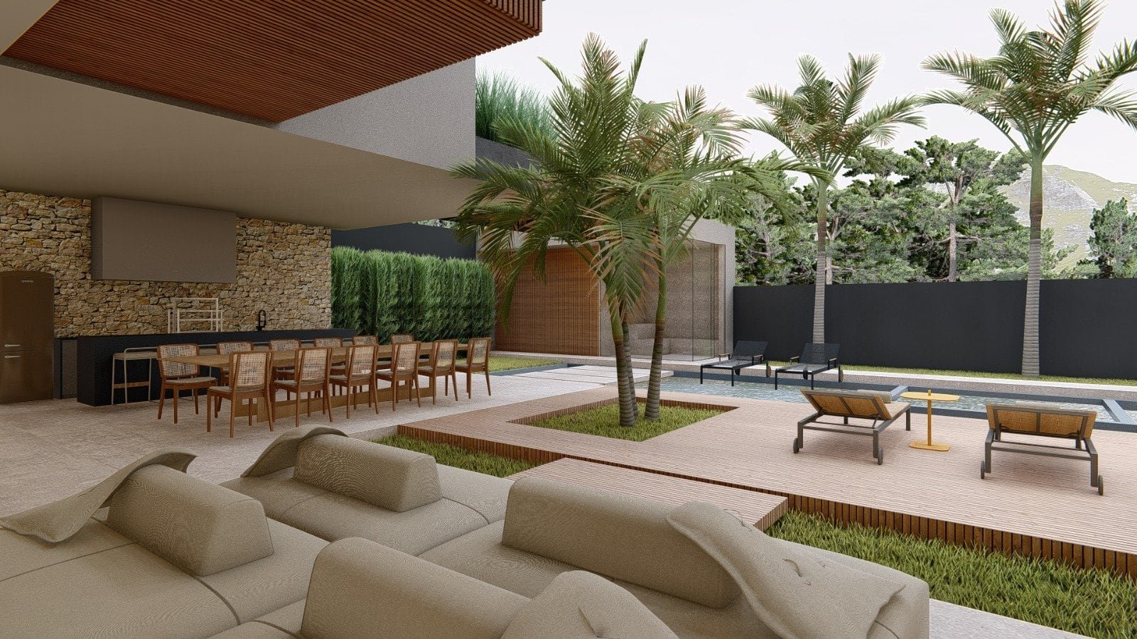 Sala de estar ao ar livre com área de convivência, espaço de descanso com espreguiçadeiras, móveis modernos, árvores tropicais e ambiente de lazer no estilo contemporâneo com paisagismo sofisticado.