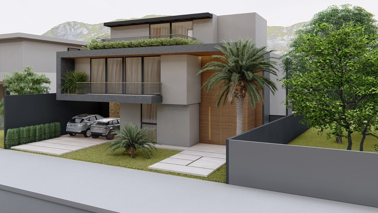 Moderno projeto de residência em estilo contemporâneo com fachada minimalista, jardim paisagístico, garagem para carros e detalhes arquitetônicos elegantes, ideal para quem busca luxo e sofisticação.