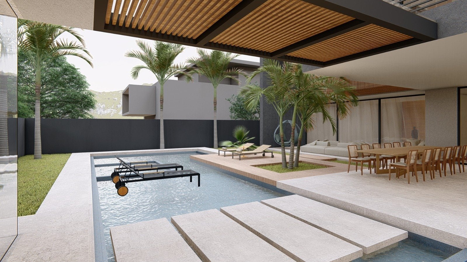 Piscina moderna ao ar livre com espreguiçadeiras e área de lazer com árvore e espaço para refeições ao ar livre. Design contemporâneo e sofisticado, ideal para residências de alto padrão em condomínio.