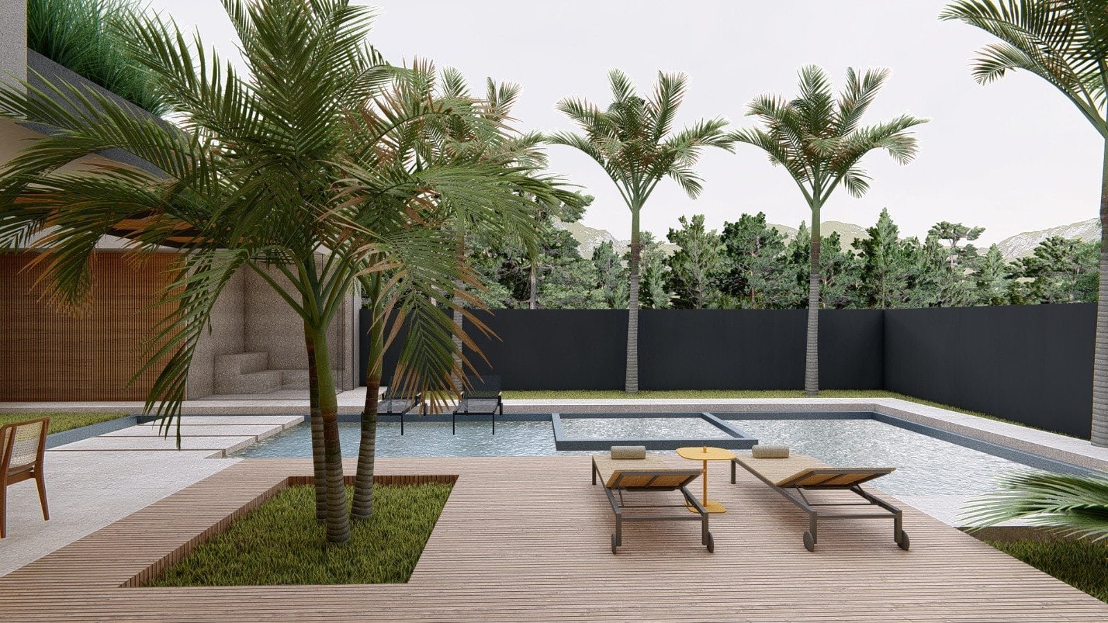 Piscina moderna com espreguiçadeiras, área de lazer com palmeiras, projeto de arquitetura sofisticada, residencial de alto padrão, design de exteriores, ambiente de convivência, harmonioso e elegante, Gruppo Monaco.
