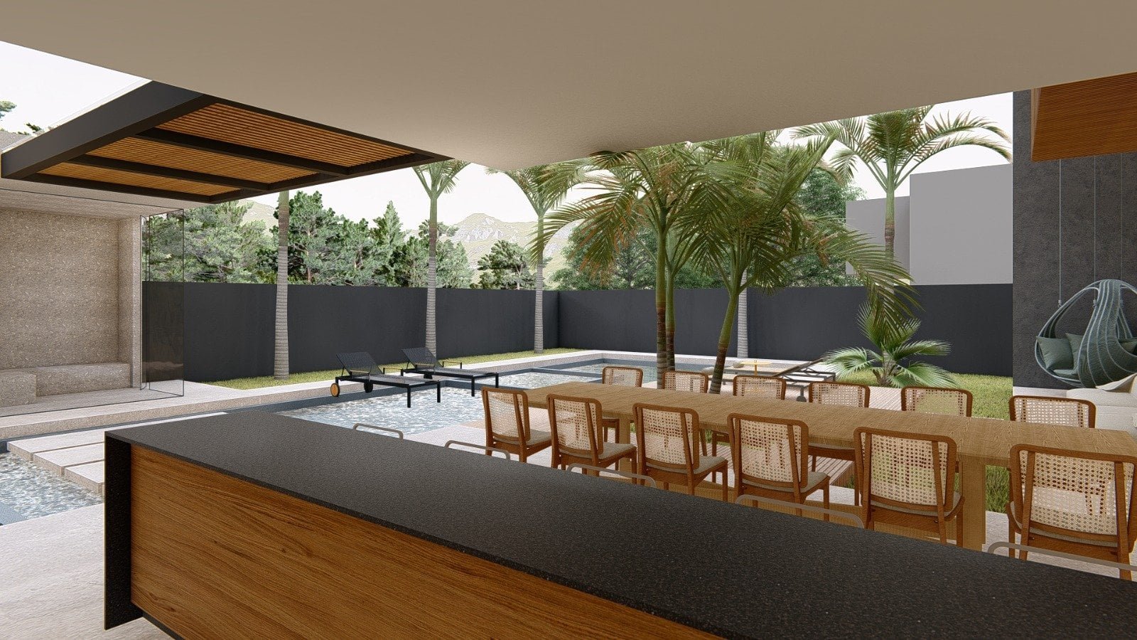 Larga vista de área de lounge e piscina privativa com mobiliário elegante, muita vegetação tropical e uma estrutura moderna, ideal para convivência e lazer no bairro de alto padrão.
